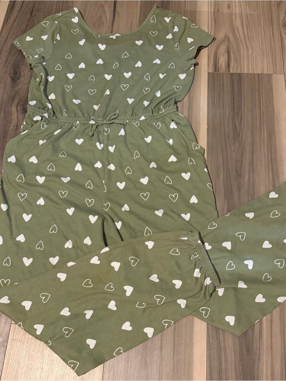Olive Green Heart-Print Jumpsuit - Girls